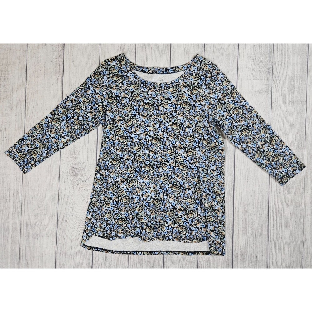 J. Jill Top Womens XS Blue Floral Pima Cotton 3/4 Sleeve Scoop Neck Casual